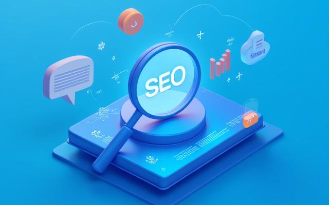 Graphique SEO avec des icônes de loupe, de mots-clés et de classement de recherche