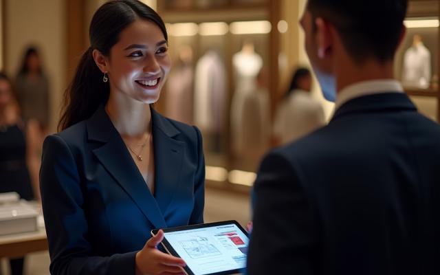 Vendeur montrant une tablette avec une interface IA à un client
