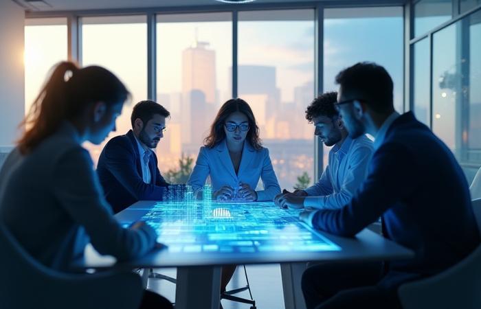 Illustration pour PME et TPE, montrant une petite équipe collaborant efficacement grâce à l'IA