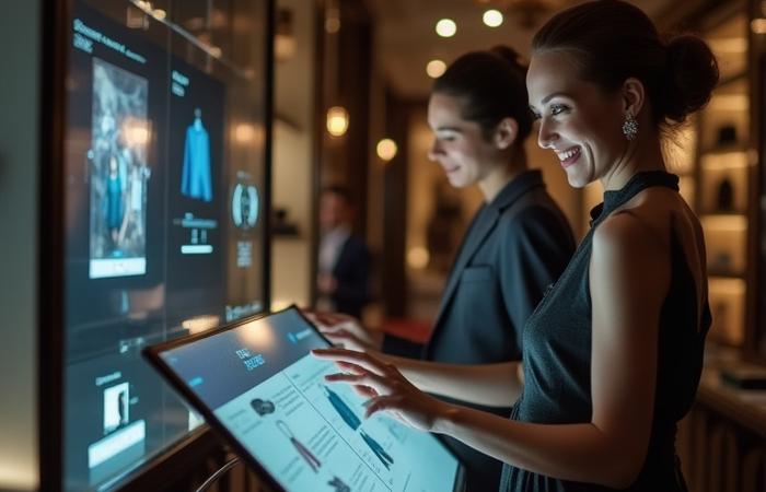 Illustration pour le Retail Parisien, montrant un assistant IA interagissant avec un client dans une boutique de luxe parisienne