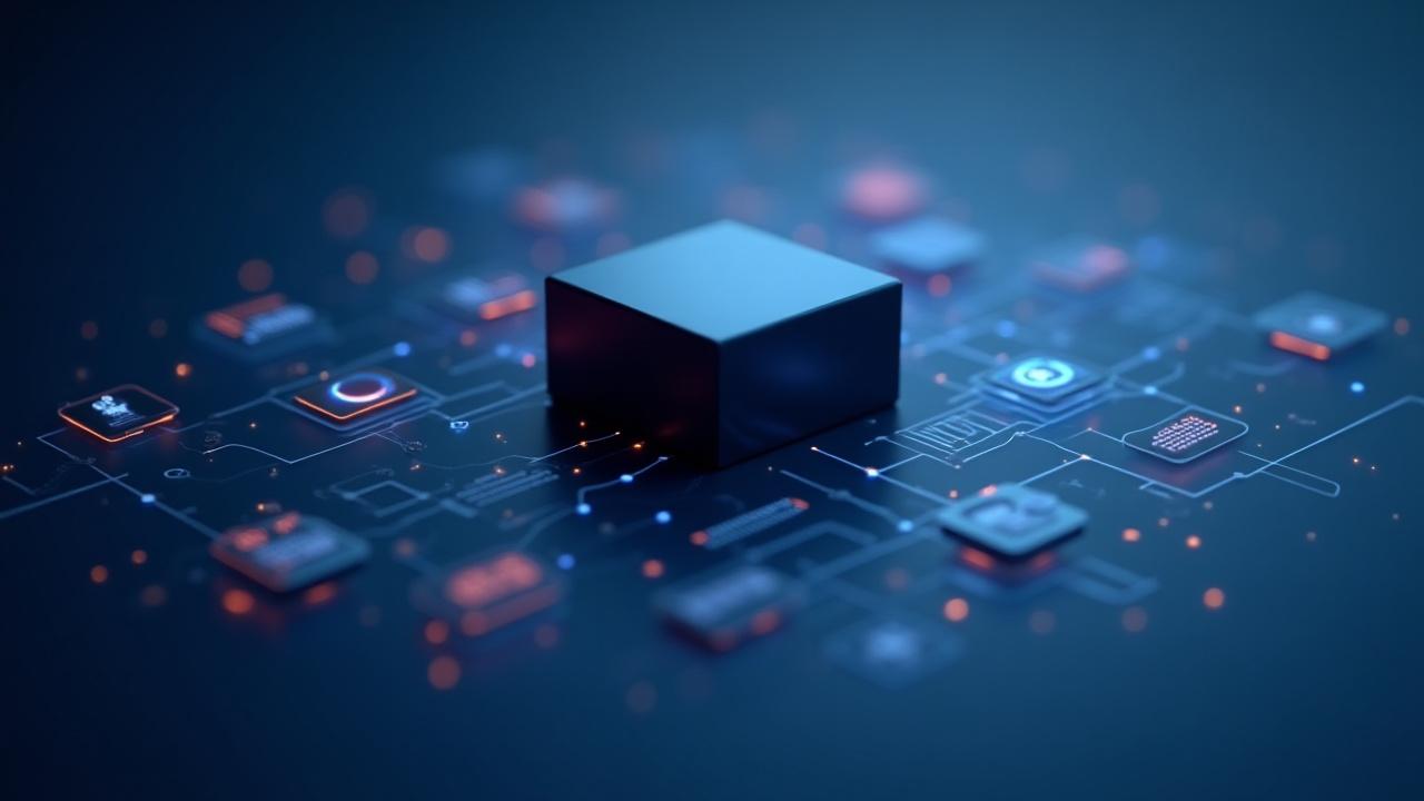 Schéma abstrait montrant des API connectant une boîte noire de modèle d'IA à diverses icônes d'applications d'entreprise comme ERP et CRM.