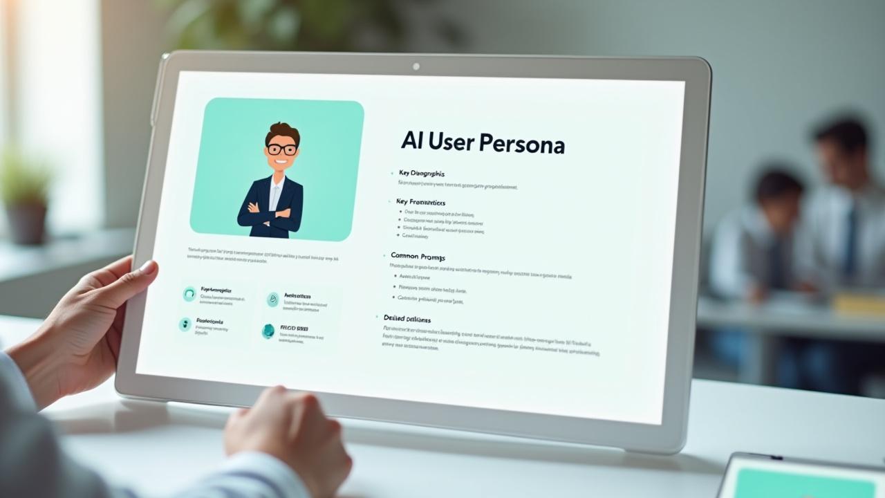 Exemple de persona détaillé, présentant les objectifs, les frustrations et les interactions idéales d'un utilisateur avec un système d'IA.